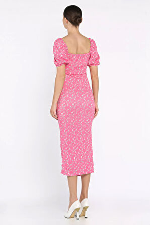 Yırtmaçlı Balon Kol Kadın Desenli Elbise