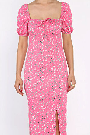 Yırtmaçlı Balon Kol Kadın Desenli Elbise