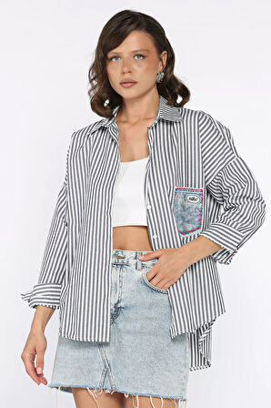 Çizgili Cepli Kadın Salaş Gömlek