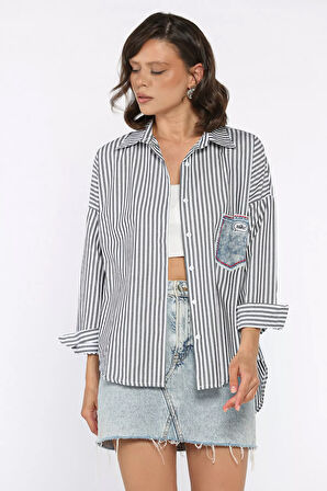 Çizgili Cepli Kadın Salaş Gömlek
