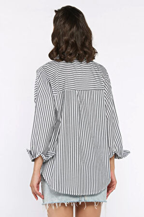 Çizgili Cepli Kadın Salaş Gömlek