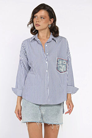 Çizgili Cepli Kadın Salaş Gömlek