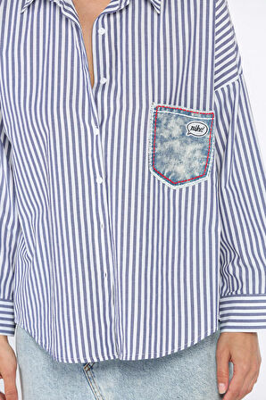 Çizgili Cepli Kadın Salaş Gömlek