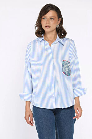 Çizgili Cepli Kadın Salaş Gömlek