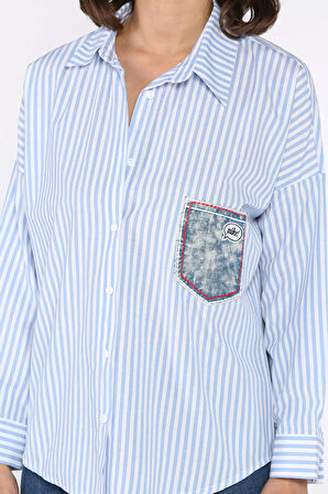 Çizgili Cepli Kadın Salaş Gömlek