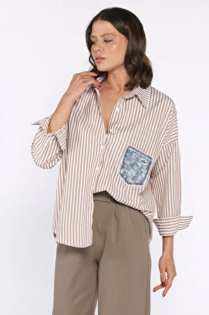 Çizgili Cepli Kadın Salaş Gömlek