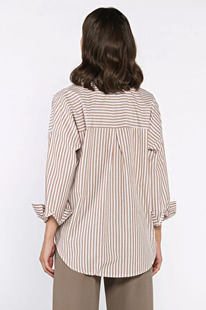 Çizgili Cepli Kadın Salaş Gömlek