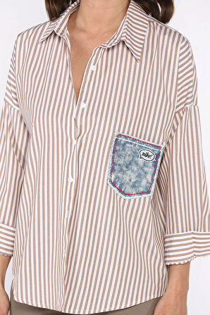 Çizgili Cepli Kadın Salaş Gömlek