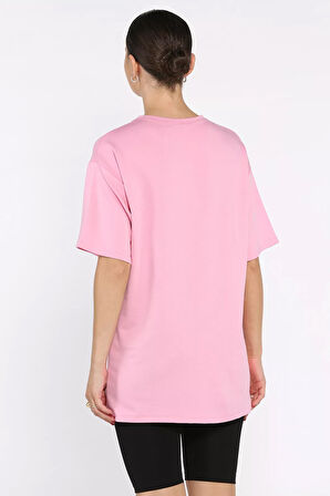 Kadın Bisiklet Yaka Kalp Nakışlı Salaş Tişört