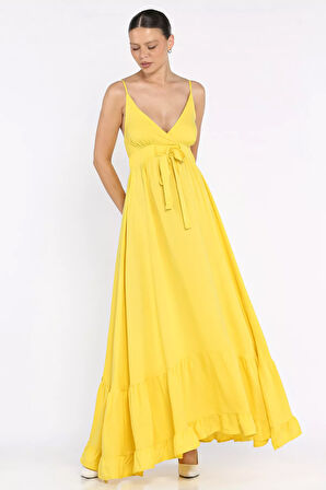 İp Askılı Bel Bağcıklı Desenli Viskon Elbise