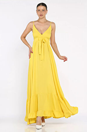 İp Askılı Bel Bağcıklı Desenli Viskon Elbise