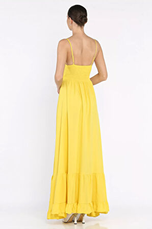 İp Askılı Bel Bağcıklı Desenli Viskon Elbise