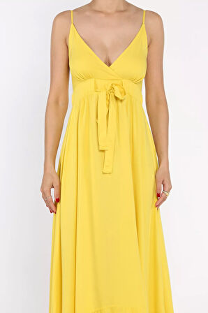 İp Askılı Bel Bağcıklı Desenli Viskon Elbise