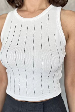 Kadın Likralı Taşlı Sıfır Kol Bluz