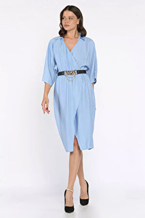 Kruvaze Yaka Kemerli Kadın Elbise