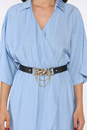 Kruvaze Yaka Kemerli Kadın Elbise