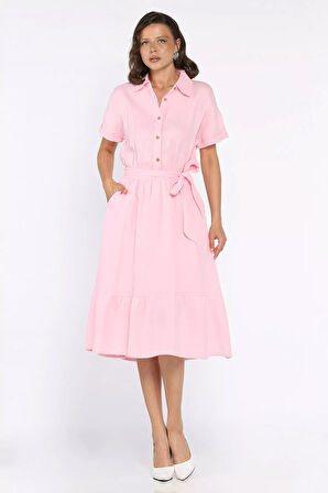 Yarım Düğmeli Kuşaklı Kısa Kol Elbise