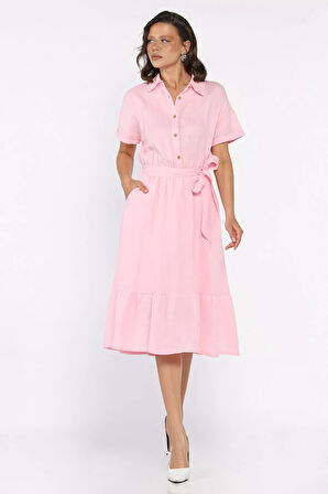 Yarım Düğmeli Kuşaklı Kısa Kol Elbise