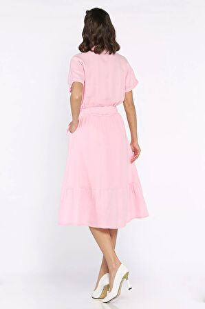 Yarım Düğmeli Kuşaklı Kısa Kol Elbise