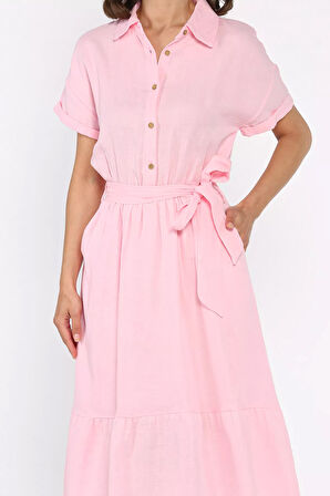 Yarım Düğmeli Kuşaklı Kısa Kol Elbise