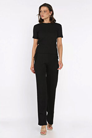 Yan Büzgülü Kadın Bluz Pantolon İkili Takım