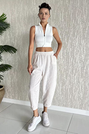 Ön Çimalı Kadın Keten Havuç Pantolon