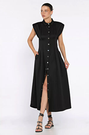 Pileli Ön Çıtçıtlı Sıfır Kol Kadın Elbise