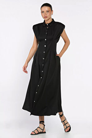 Pileli Ön Çıtçıtlı Sıfır Kol Kadın Elbise