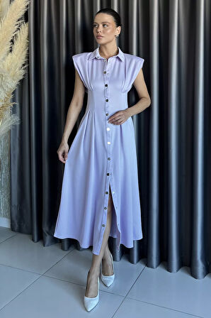 Pileli Ön Çıtçıtlı Sıfır Kol Kadın Elbise