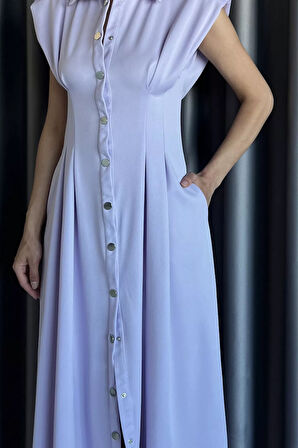 Pileli Ön Çıtçıtlı Sıfır Kol Kadın Elbise