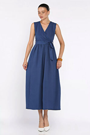 Kruvaze Yaka Kuşaklı Sıfır Kol Elbise