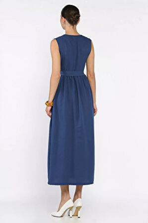 Kruvaze Yaka Kuşaklı Sıfır Kol Elbise