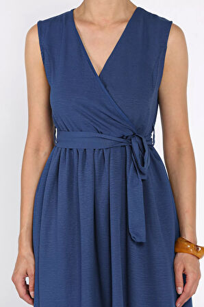 Kruvaze Yaka Kuşaklı Sıfır Kol Elbise