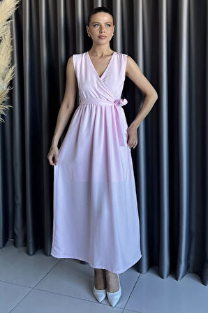 Kruvaze Yaka Kuşaklı Sıfır Kol Elbise