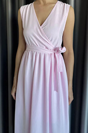 Kruvaze Yaka Kuşaklı Sıfır Kol Elbise