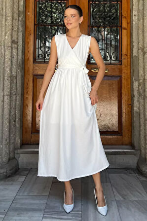 Kruvaze Yaka Kuşaklı Sıfır Kol Elbise