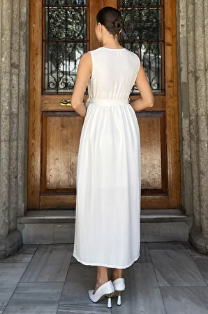 Kruvaze Yaka Kuşaklı Sıfır Kol Elbise