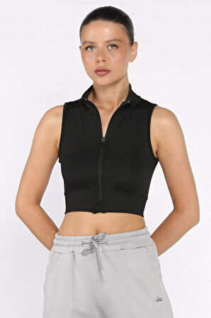 Kadın Ön Fermuarlı Likralı Crop Top Bluz