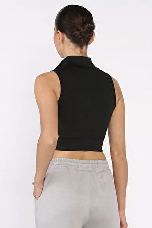 Kadın Ön Fermuarlı Likralı Crop Top Bluz