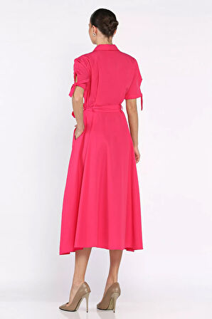 Düğmeli Ve Pileli Kısa Kol Uzun Elbise