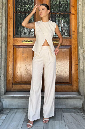 Bel Bağcıklı Keten Bluz Pantolon İkili Takım