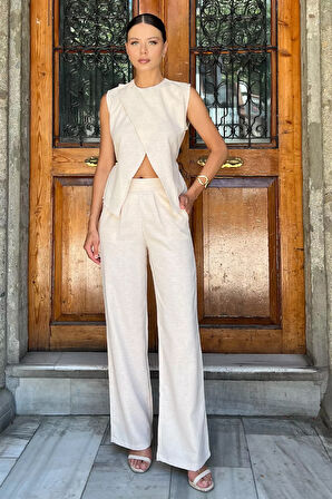 Bel Bağcıklı Keten Bluz Pantolon İkili Takım