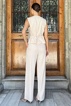 Bel Bağcıklı Keten Bluz Pantolon İkili Takım