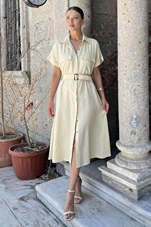 Ön Düğmeli Kemerli Kısa Kol Elbise