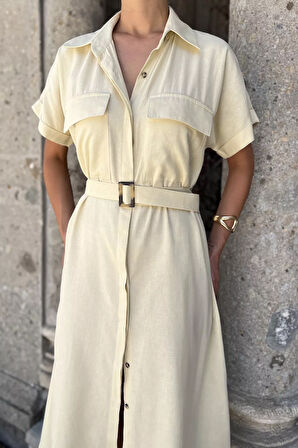 Ön Düğmeli Kemerli Kısa Kol Elbise