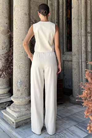 Kadın Astarlı Yelek Pantolon İkili Keten Takım