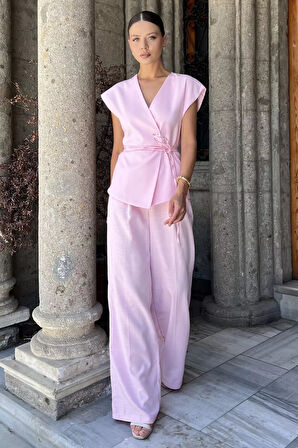 Bel Bağlamalı Astarlı Kadın Yelek Pantolon Keten İkili Takım