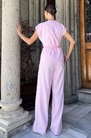Bel Bağlamalı Astarlı Kadın Yelek Pantolon Keten İkili Takım