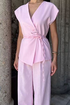 Bel Bağlamalı Astarlı Kadın Yelek Pantolon Keten İkili Takım