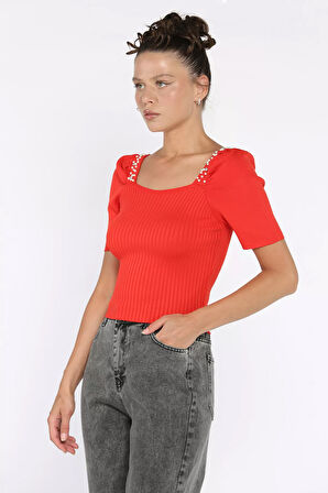 İnci Detaylı Kısa Kol Triko Bluz